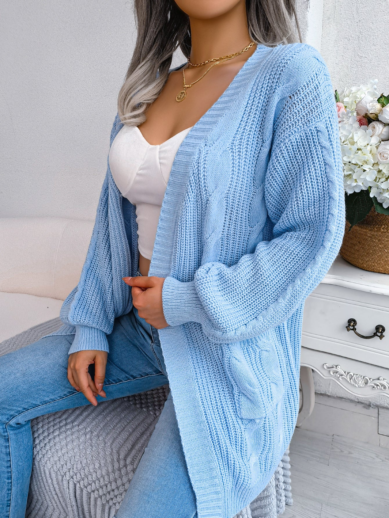 Women Cable Knit Lantern Sleeve Pocket Cardigan Sweater Coat