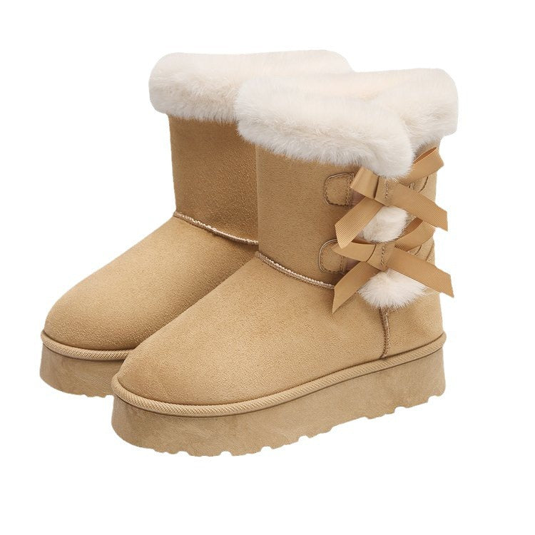 Women's Bow Retro Birkenstock Fleece Lined Thickened Ankle Boots