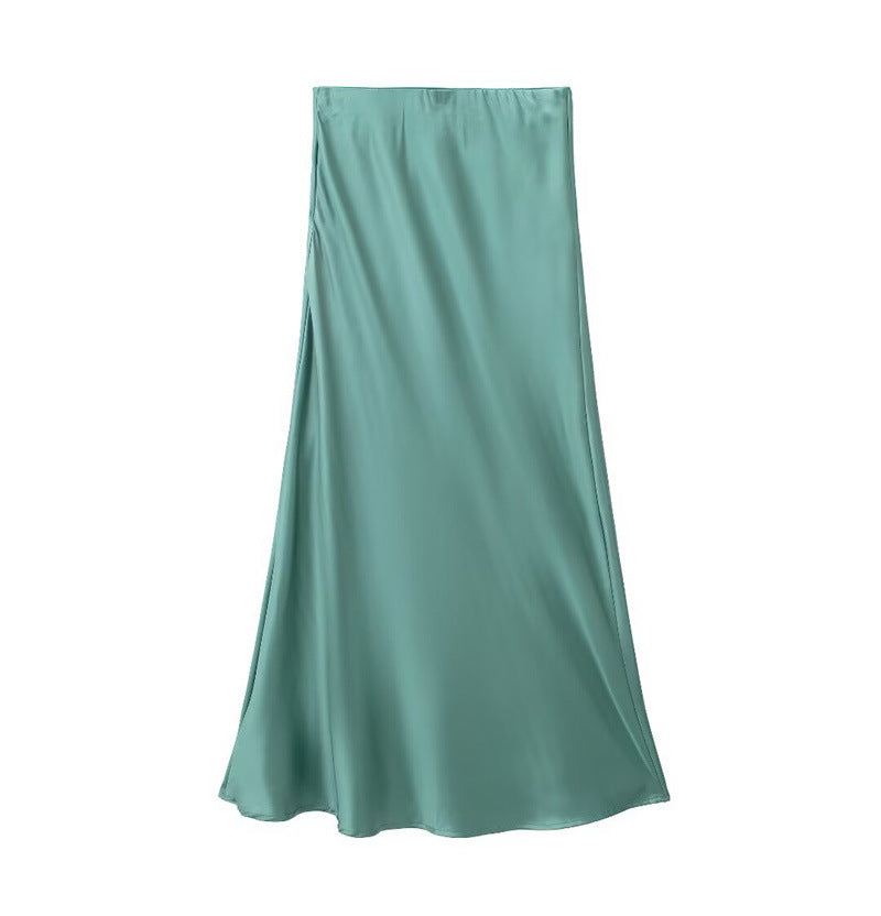 Solid Color Slim Silk Satin Texture Midi Skirt