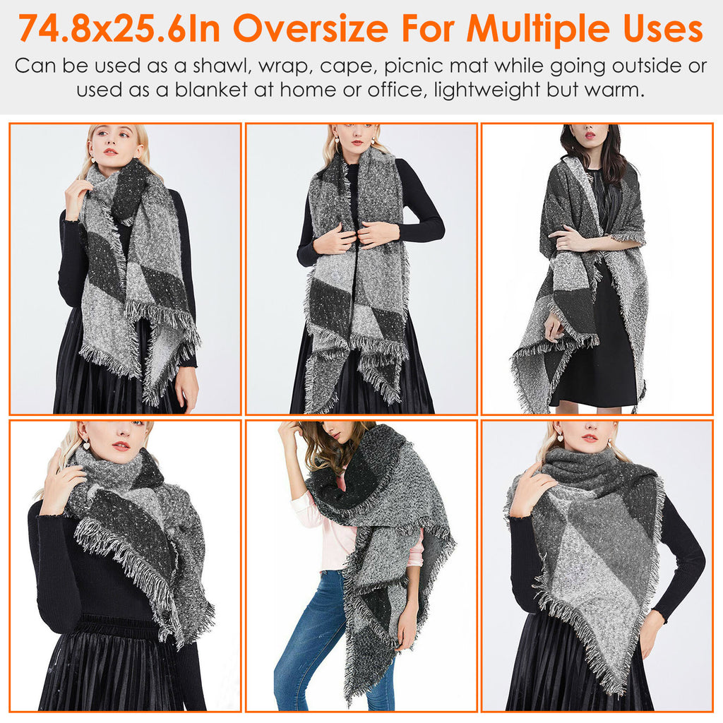 1Pc Women Winter Warm Scarf 74.8x25.6In Long Soft Knitted Shawl Extra Thick Plaid Blanket Wrap Cape