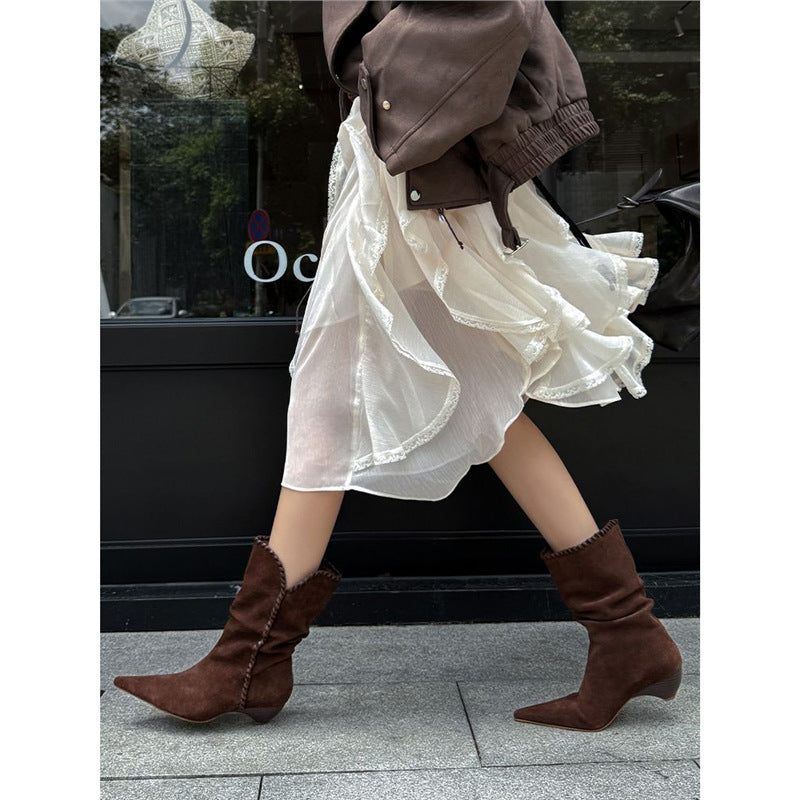 Pointed Toe Chunky Heel Brown Vintage Western Cowboy Boots