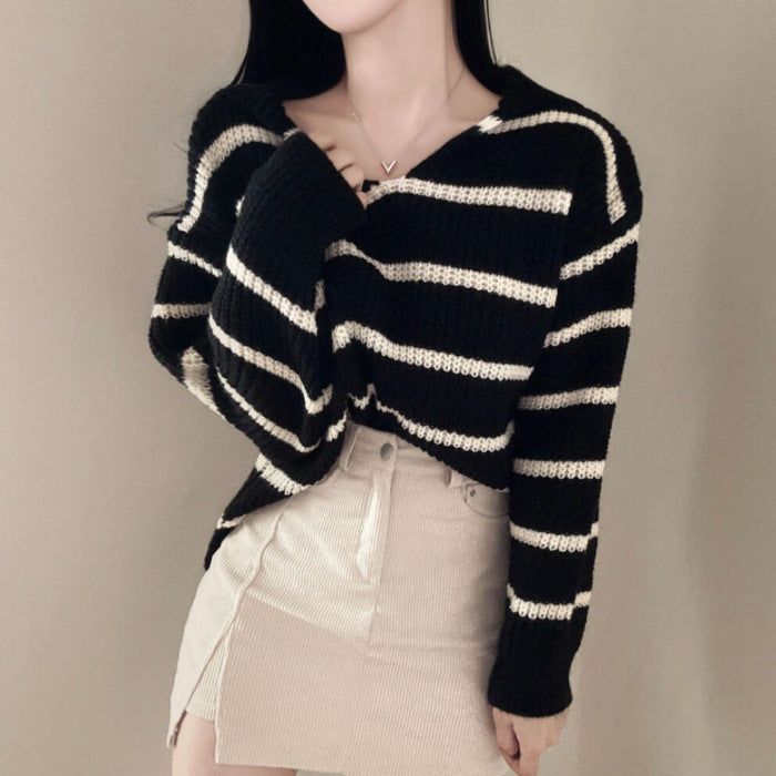 Autumn And Winter Navy Collar Striped Sweater For Women