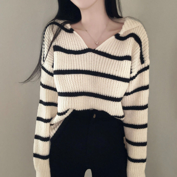 Autumn And Winter Navy Collar Striped Sweater For Women