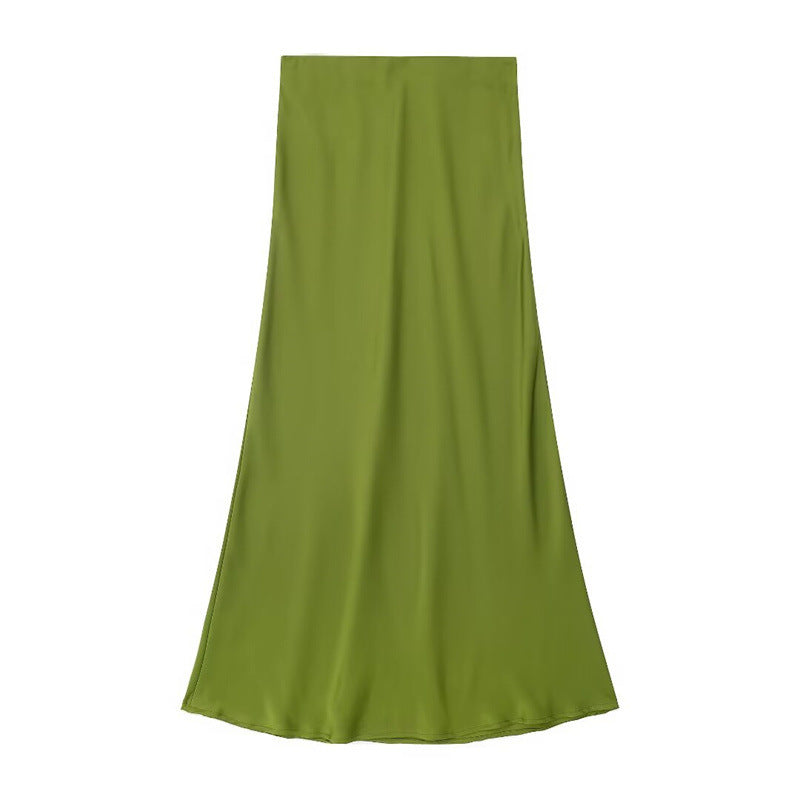 Solid Color Slim Silk Satin Texture Midi Skirt