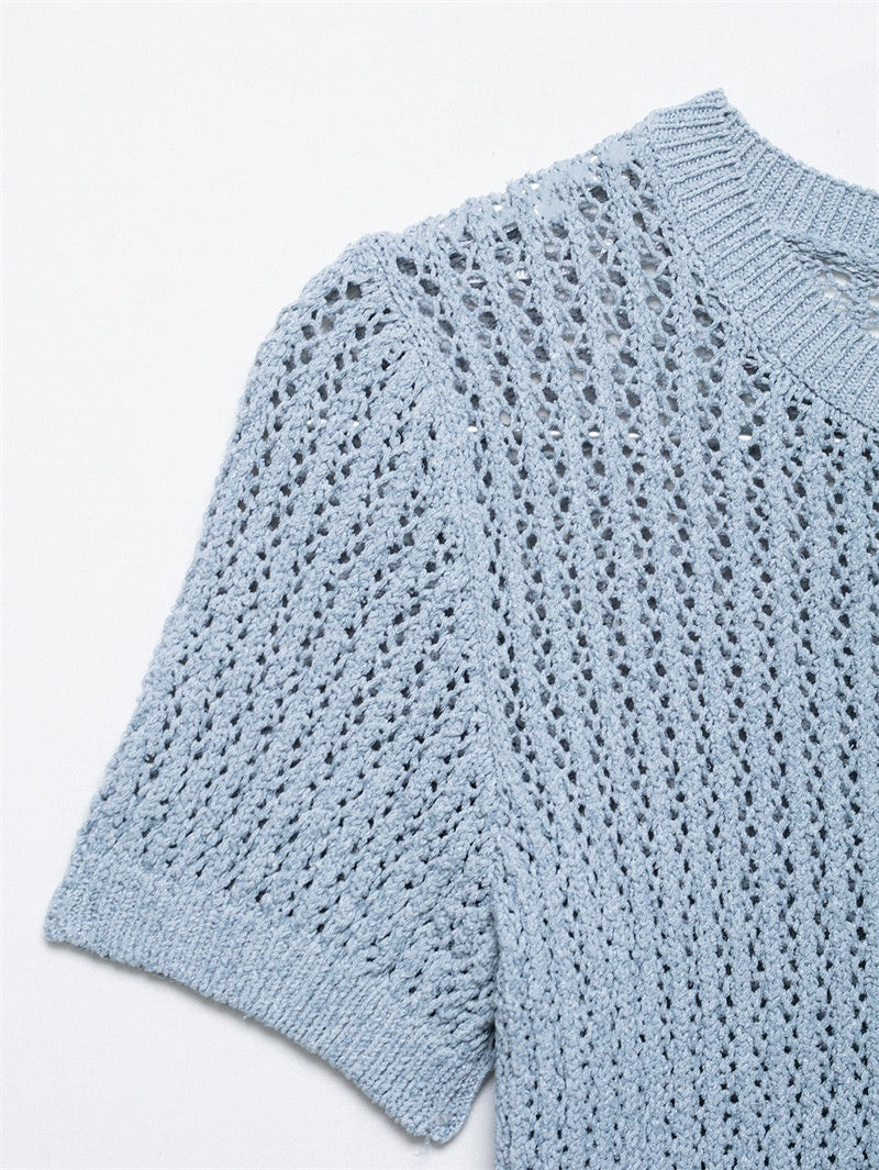 Solid Color Jacquard Mesh Knitted Top T-shirt