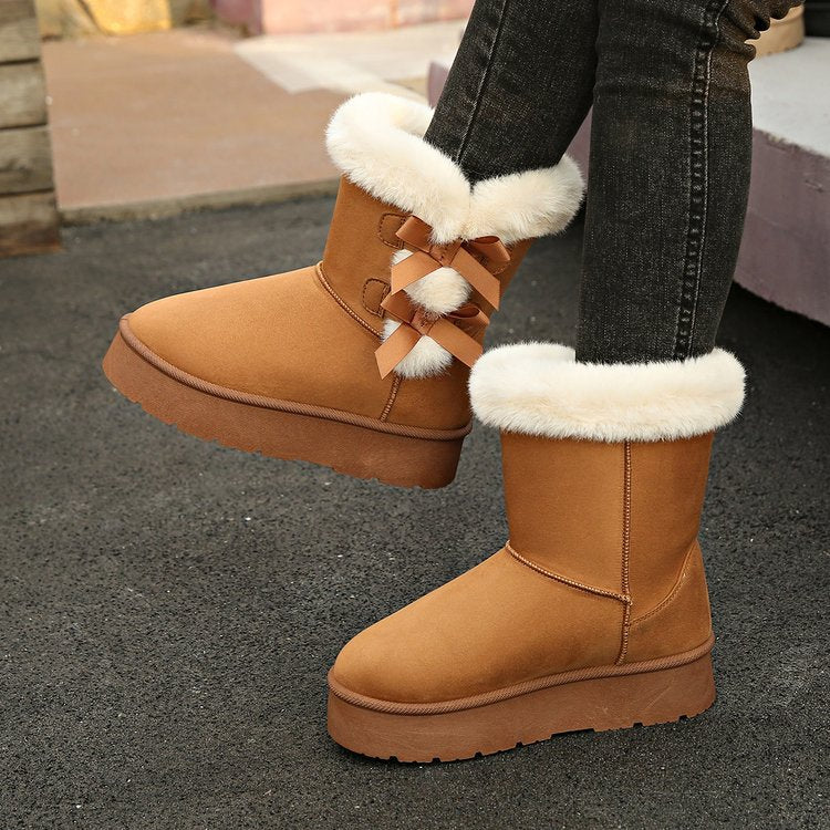 Women's Bow Retro Birkenstock Fleece Lined Thickened Ankle Boots