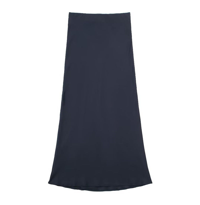 Solid Color Slim Silk Satin Texture Midi Skirt