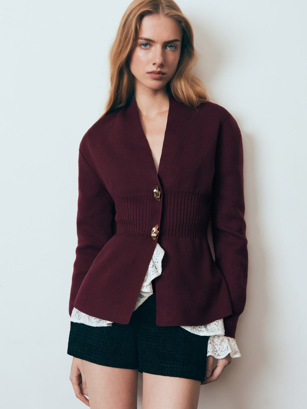 Metal Button Cardigan V-neck Long Sleeve Slit Sweater Women