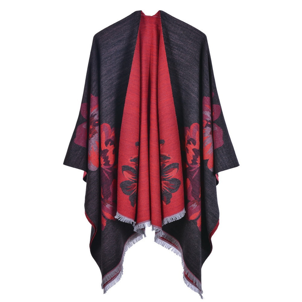 European And American Fashion Jacquard Split Thickened Warm Split Shawl