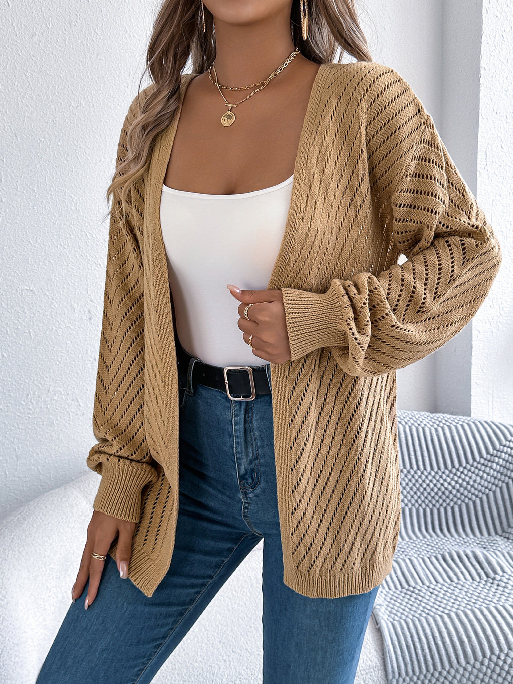 Women Casual Solid Color Hollow Out Long Sleeve Cardigan Sweater