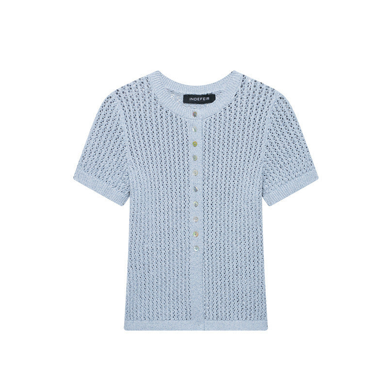 Solid Color Jacquard Mesh Knitted Top T-shirt