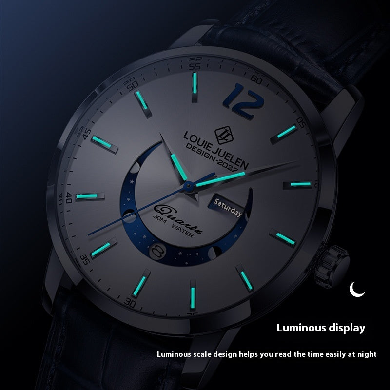 Master Moon Phase Luminous Waterproof Wrist Watch Men's Fashion Genuine Leather Strap Quartz Watch