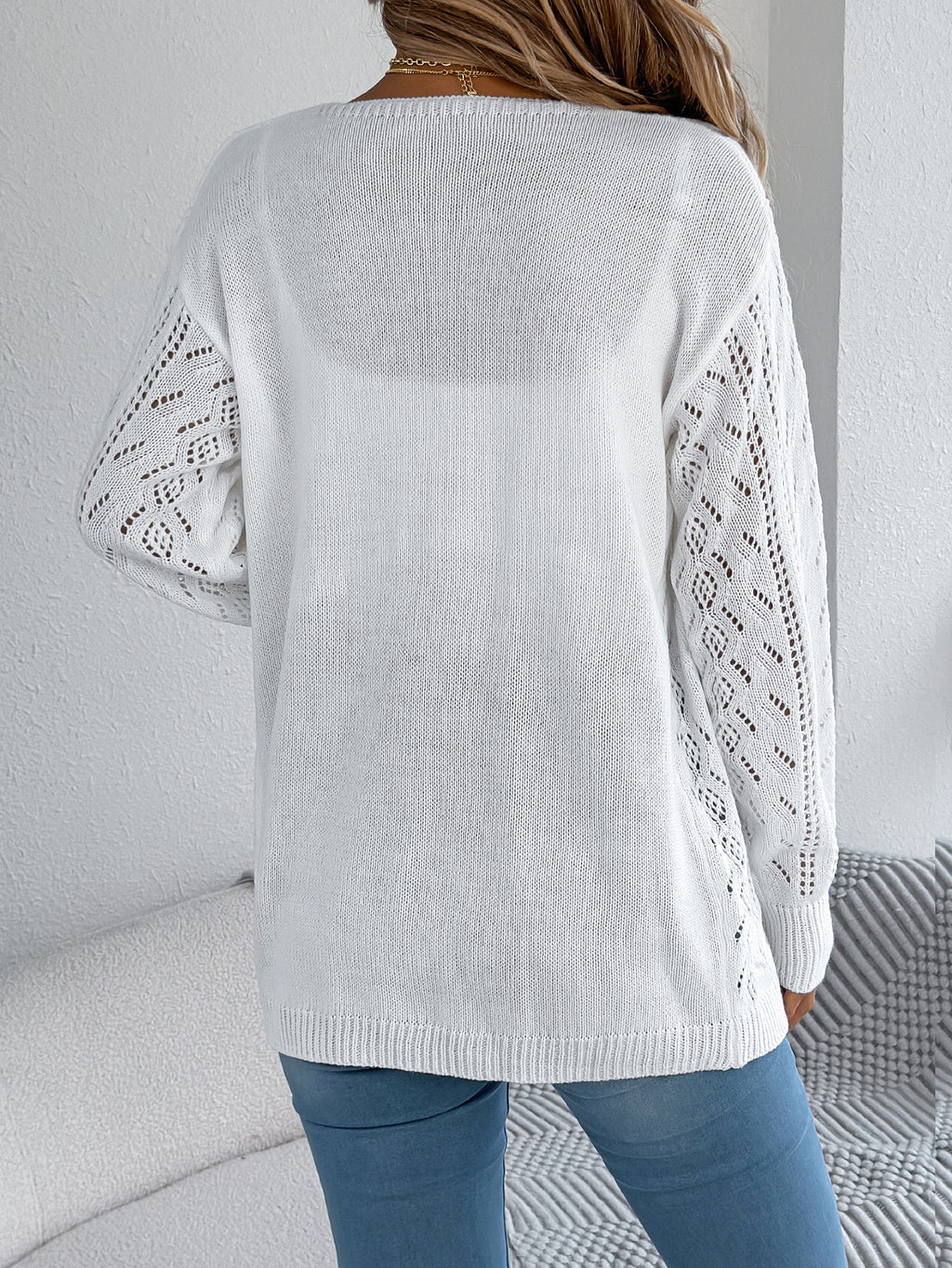 Women Casual Hollow Out Lantern Sleeve Long Sleeve Cardigan Sweater Coat