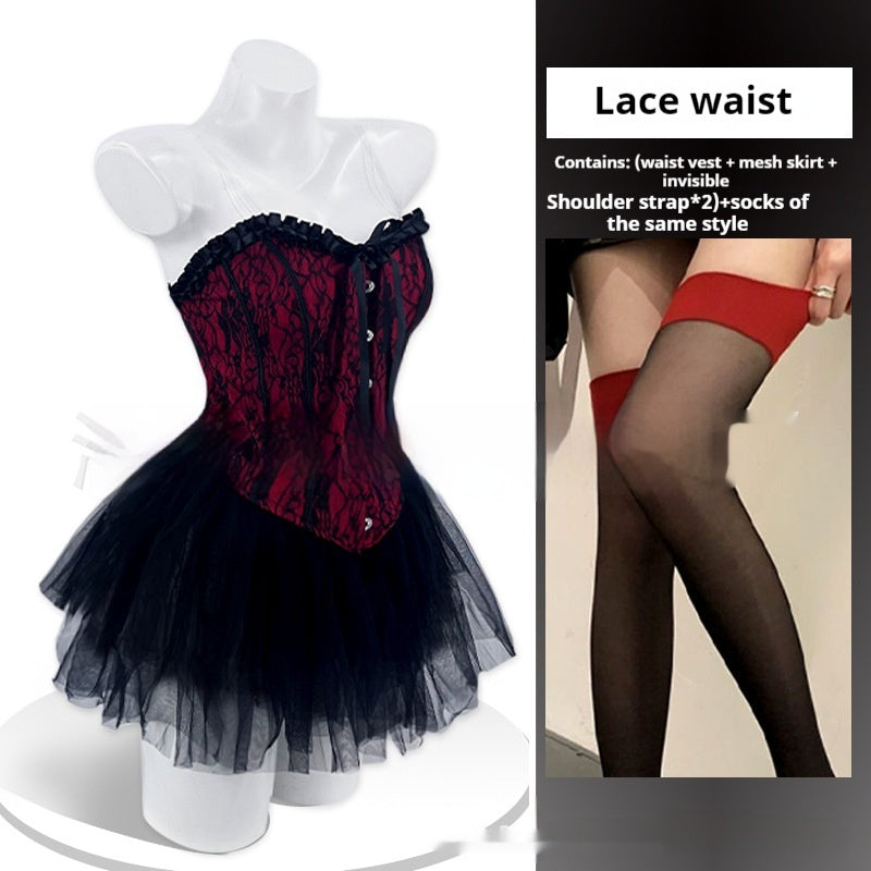 Lace Patchwork Ruffled Tube Top High Waist Bubble Skirt