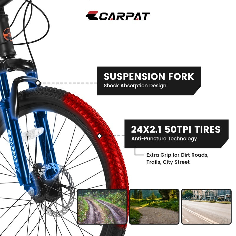 24 Inch Mountain Bike, Suitable For Boys And Girls, Steel Frame, Shimano 21 Speed Mountain Bike, With Dual Disc Brakes And Front Suspension, Banned Platform Temu
