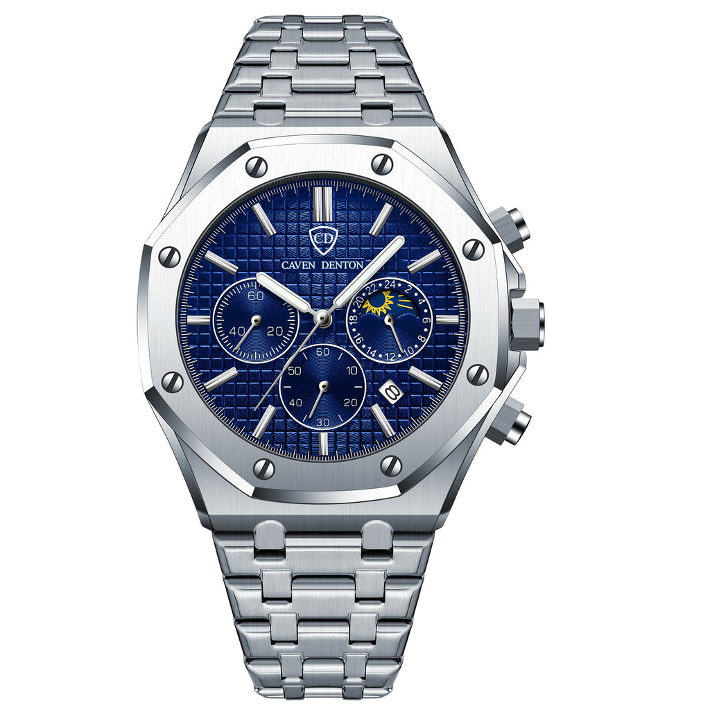 Waterproof High-grade Three Eyes And Six Needles Multi-functional Moon Phase Men's Steel Strap Watch