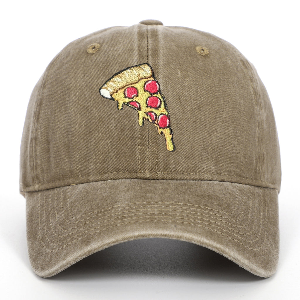 Pizza Embroidery Soft Top Baseball Cap Retro Worn Looking Washed-out