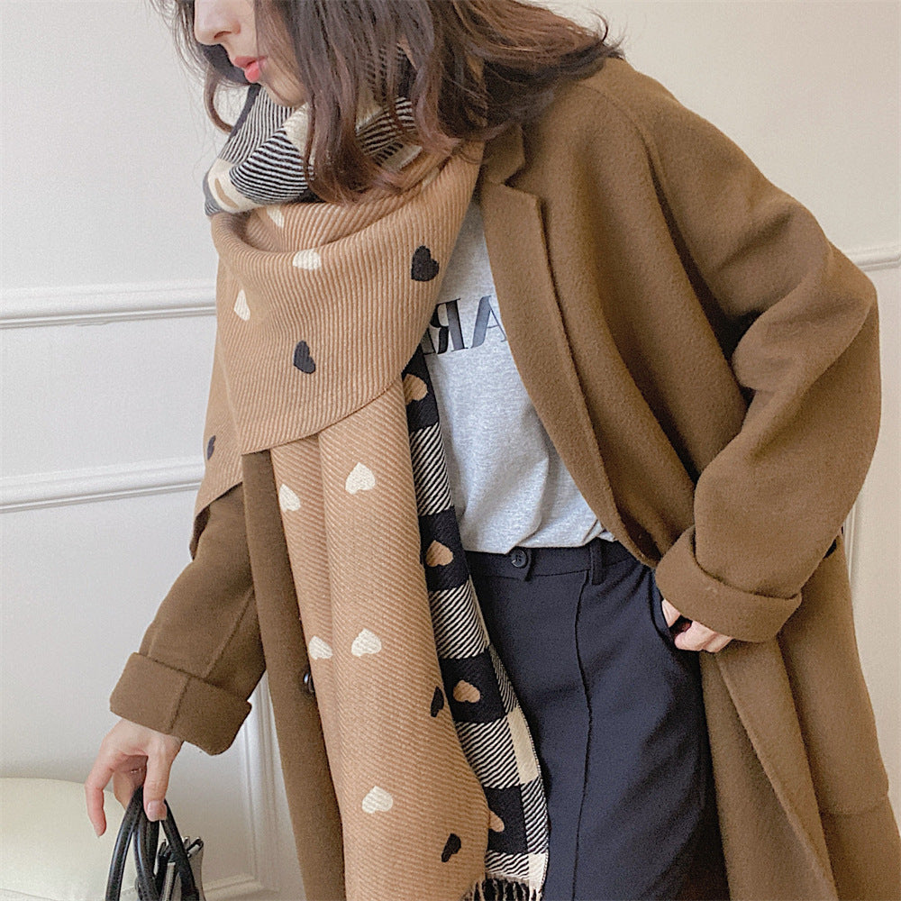 Artificial Cashmere Scarf Female With Hearts Thick Checks Fringe Bib