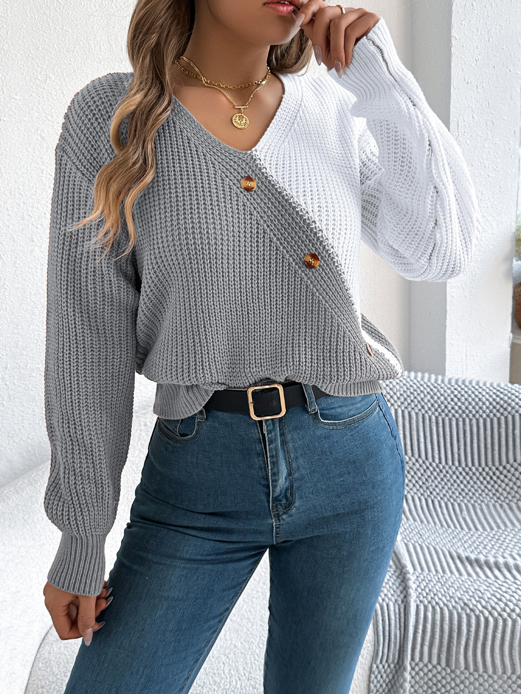 Women Casual V-Neck Button Color Block Lantern Sleeve Pullover Sweater