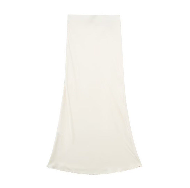 Solid Color Slim Silk Satin Texture Midi Skirt