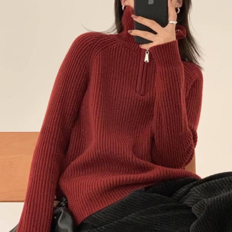 Women's Solid Color Loose Zipper Lapel Stand Up Sweater