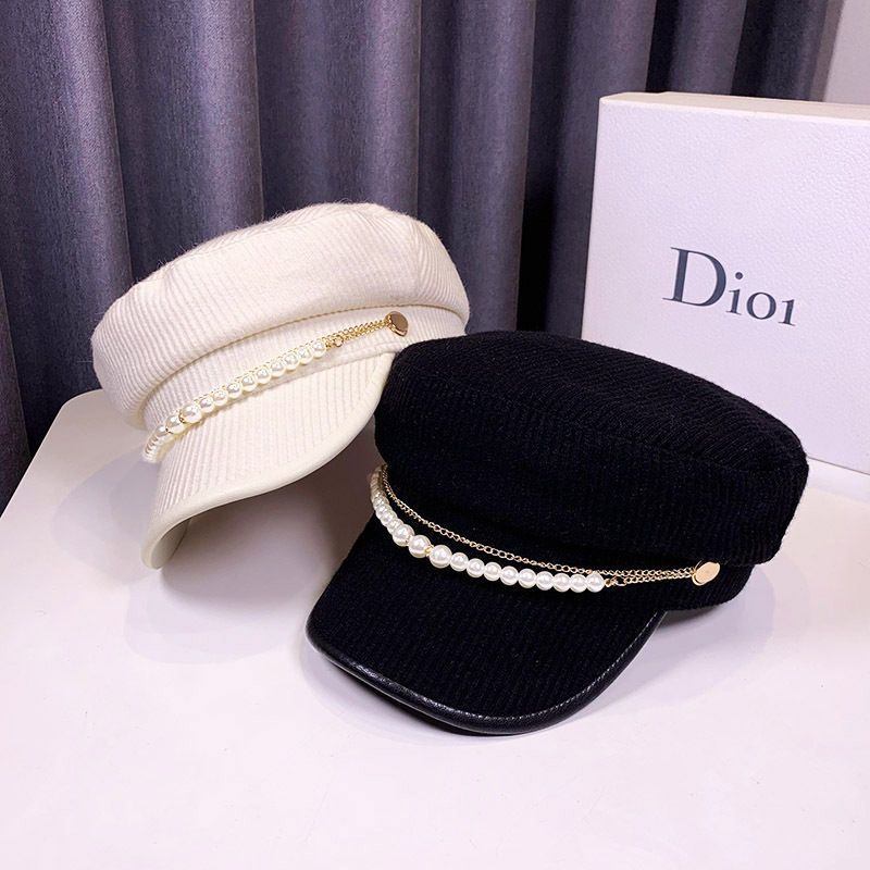 Autumn And Winter Pearl Chain Flat Top Navy Hat Women