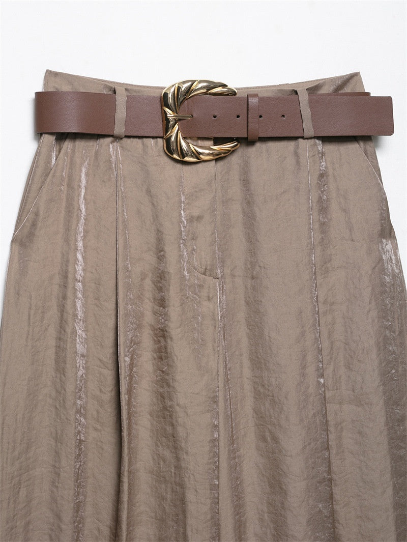 Casual Belt Silk Satin Texture Wide Leg Pants With Belt
